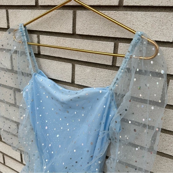 NWT Area Stars Stardust Light Blue Sparkle Mesh Mini Dress | Large - Picture 2 of 14